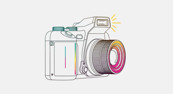Hand-drawn illustration of a vintage camera with a colorful lens and flashing light