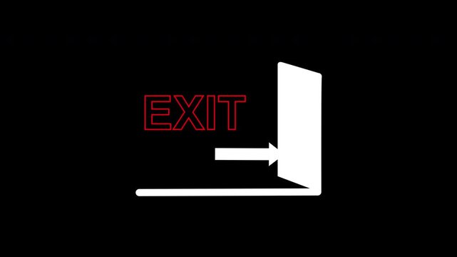Animated EXIT Sign with Open Door and Arrow. Minimalist Red Outline Text Motion Graphic on Alpha Channe