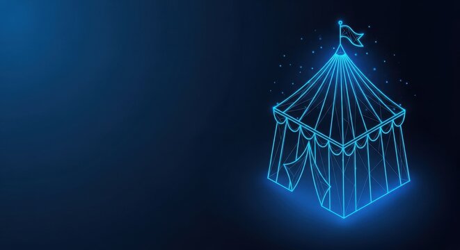 Neon blue outline of a circus tent glowing against a dark background, representing entertainment and performance