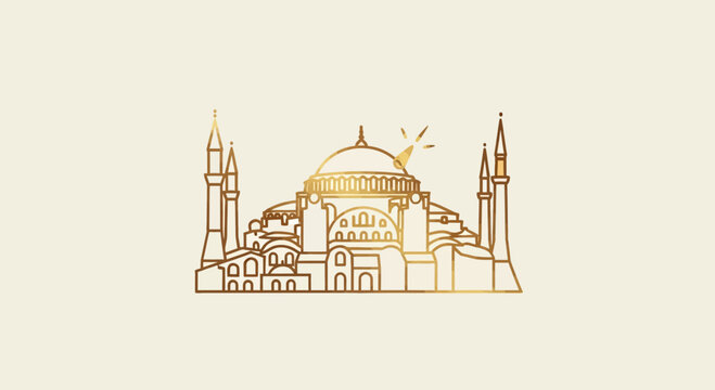 Golden Hagia Sophia Mosque Landmark Outline Illustration on Cream Background