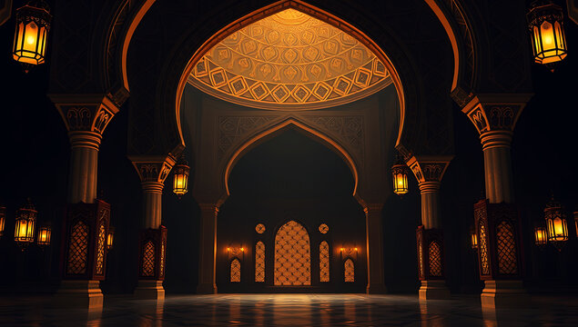 Elegant eid background with royal islamic arch interior and warm lantern light dark luxury design