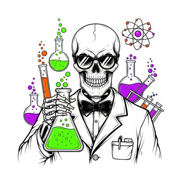 Skull in lab coat holding beaker.