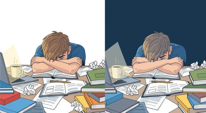 Tired student sitting at desk.