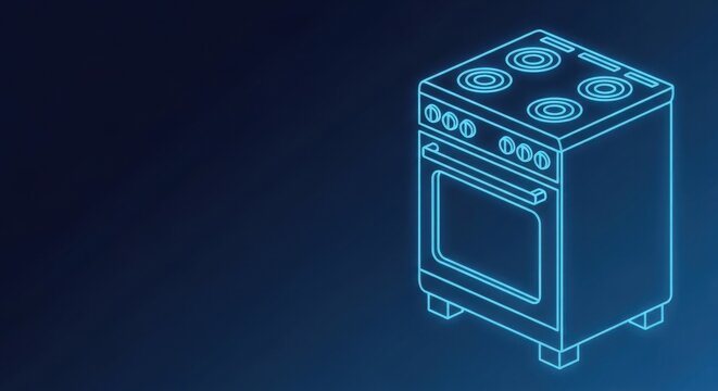 Neon outline of a modern kitchen stove and oven glowing on a dark blue background, ideal for design and technology themes.