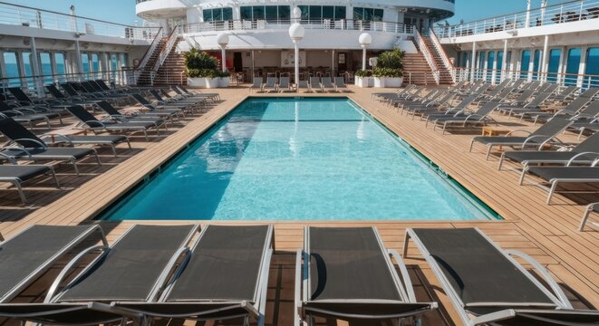 Open-air pool deck on a ship with rows of lounge chairs and a bright blue sky