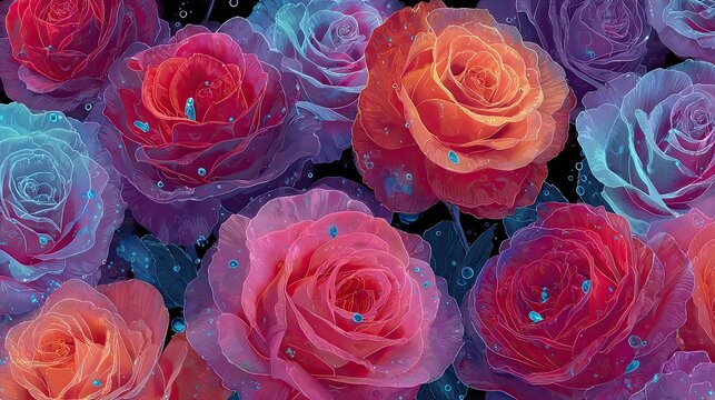 A vibrant collection of ethereal roses in various glowing hues