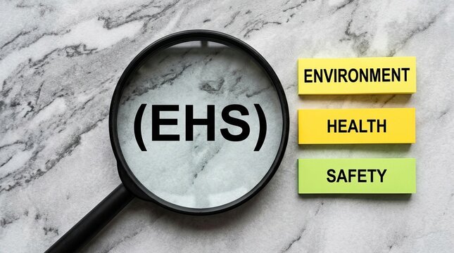 EHS Environment Health and Safety Concept with Magnifying Glass and Colored Sticky Notes on Marble Surface Backdrop