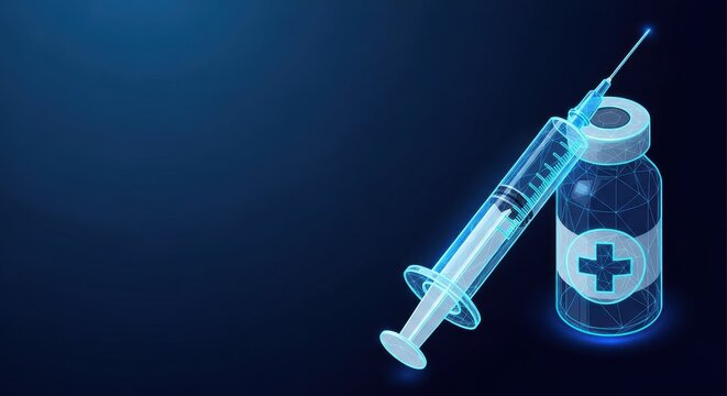 Holographic Syringe and Vial with Glowing Blue Light on Dark Background