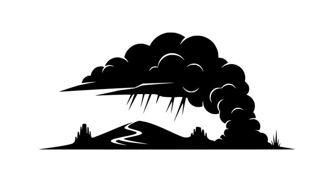 Black and White Desert Landscape Silhouette with Storm Cloud and Winding Road