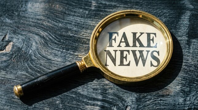 Vintage Magnifying Glass Over Fake News Text on Dark Wood Background for Misinformation Fact Checking and Media Literacy Concept