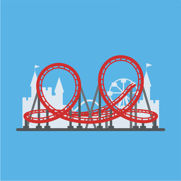 A vibrant red rollercoaster track with two large loops on a light blue background.