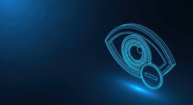Futuristic blue digital eye symbol with glowing outline on dark abstract background