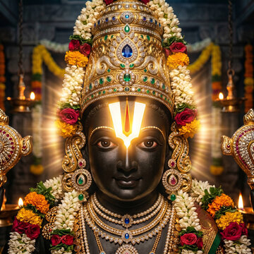 Close-up of Lord Venkateswara Idol Face with Ornate Crown and Traditional Tilak
