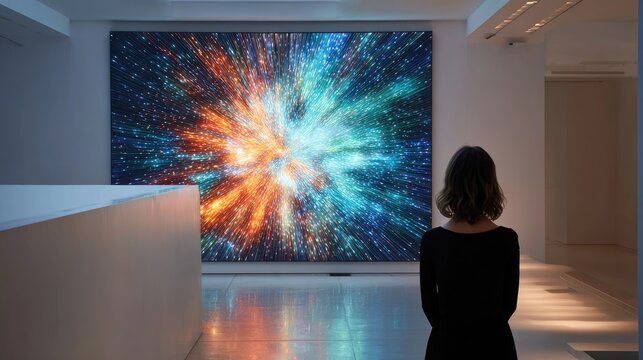Person gazes at massive digital art display of exploding cosmic energy