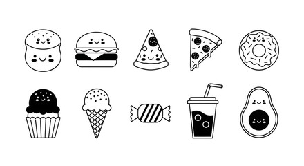 Naklejka premium Black vector icon set for web design featuring a collection of food and celebration symbols like Christmas trees, gifts, birthday cakes, and holiday hats in a silhouette illustration style
