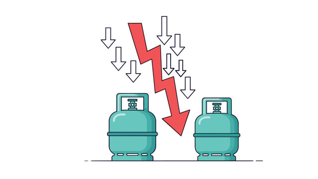 Two gas cylinders with several downward pointing arrows and red lightning bolt signifying falling energy prices and economic market changes.