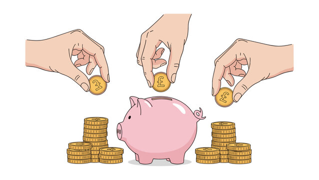 Three hands dropping gold pound coins into pink piggy bank surrounded by stacks of money representing collective savings and financial planning.