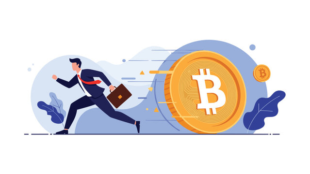 Businessman in suit running away from giant rolling gold bitcoin coin representing financial risk and market volatility.