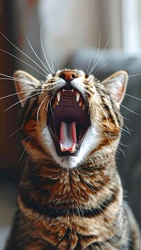 Close-up of a tabby cat yawning widely, showcasing its teeth and a pink mouth. The detail in fur is visible