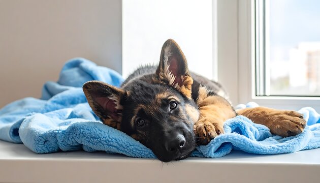 A German Shepherd puppy resting on a blue blanket by a window