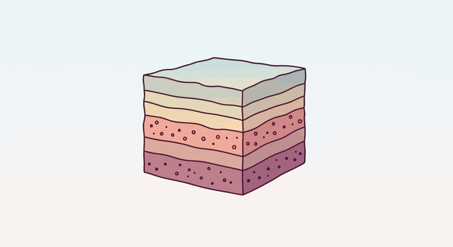 Layered geological strata cube showing soil and rock layers, cross-section, educational concept