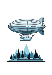 Retro Airship Zeppelin Flying Over Mountain Forest Landscape Flat Vector Illustration © Reva