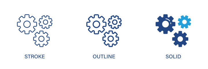 Gear icon with editable stroke, outline and solid styles. Vector icon illustration. © Puspa