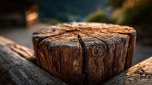rustic weathered wooden log cross section with rings texture and outdoor nature background