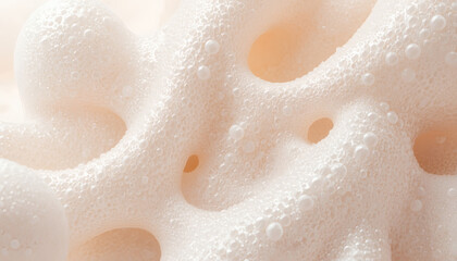 Fototapeta premium Macro texture of white cosmetic foam or soap bubbles on a soft pink background. Conceptual 3D illustration of skincare product, facial cleanser, moisturizing cream, and beauty care.