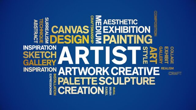 Artist animated word cloud-text design animation tag kinetic typography seamless loop.