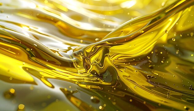Close-up of a fluid liquid's surface, reflecting and refracting light. Smooth curves and droplets appear within the golden tones