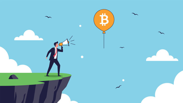 Professional man stands on a cliff edge shouting through a megaphone at a floating orange balloon with the bitcoin symbol.