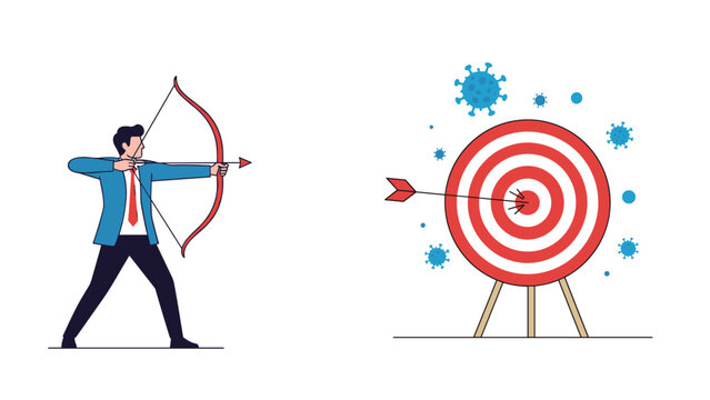 Determined archer aims an arrow at a target bullseye while surrounded by floating coronavirus icons representing a targeted response.
