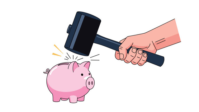 Hand prepares to strike a pink piggy bank with a heavy black sledgehammer symbolizing breaking savings or financial crisis.