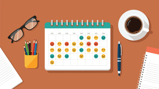 Top view of a desk featuring coffee and mood tracker calendar showing daily emotional fluctuations and well-being.