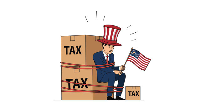 Patriotic man sitting on tax boxes tied with rope illustrates economic burden and fiscal restrictions in America.