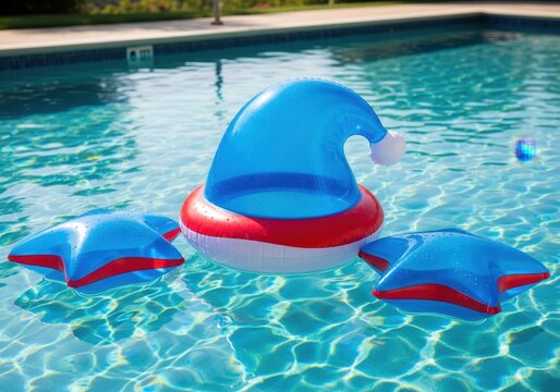 A festive blue and red inflatable hat and star floaters drifting on a calm outdoor swimming pool