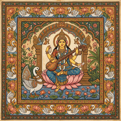 Obraz premium Traditional Folk Art Painting of Goddess Saraswati with Swans