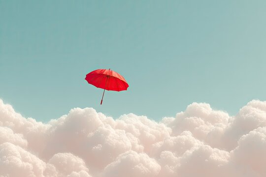 A bright red umbrella floats above soft, ethereal clouds