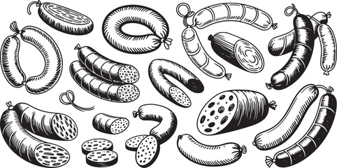 Set of sketch sausages with different types of meat products including whole pieces links slices and cut salami sections. Vector Illustration © Abdul