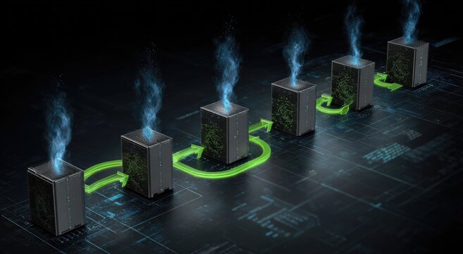 Digital data flow among glowing server units, emitting smoke