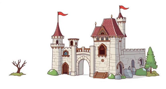 A fantasy fairy tale castle in the forest vector illustration featuring a medieval fortress with tower and flag details under the sky