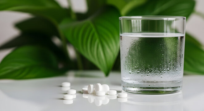 Glass of water with effervescent tablets and green leaves