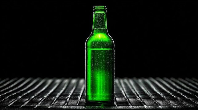 green glass bottle with sparkling liquid on metal grill background for beverage packaging and alcohol-free concept