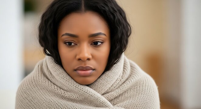 Young woman feeling unwell is wrapped snugly in a thick knitted shawl indoors