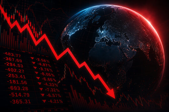 A declining economic graph displays a sharp downward trend on a digital screen with a globe in the background showing a red gradient.