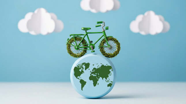World Bicycle Day Eco-friendly transportation concept with a bicycle on top of a globe, symbolizing global sustainability and green travel initiatives