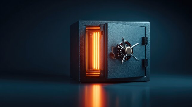 Dark metal safe with glowing orange interior, open