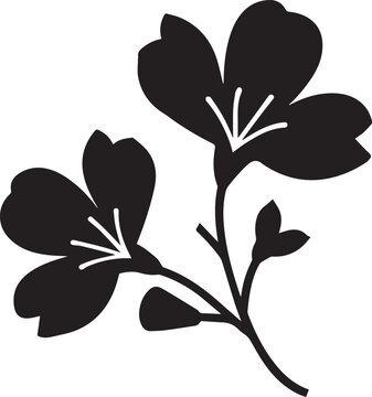 Flower Branch Silhouette Vector Illustration - Floral Stem with Blossoms and Leaves Botanical Icon Isolated on White