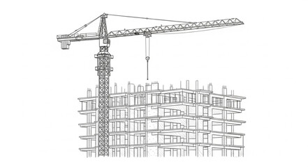 Construction Crane Over Building Framework Sketch. © raga